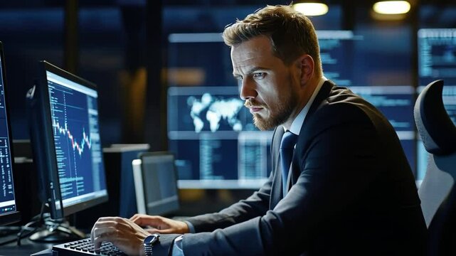 Businessman in a professional suit working on cyber security