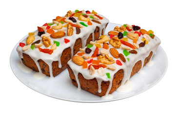 Christmas fruitcakes with white icing, topped with dried fruits and nuts on a white plate.