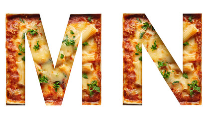 M-N Alphabet made of delicious lasagna with pasta and cheese letters M N isolated on white background appetizing typography