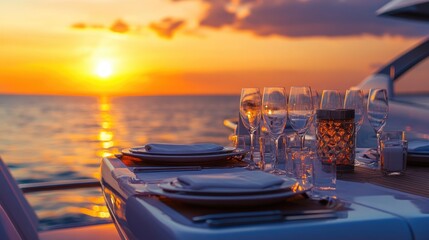 Romantic dinner setting on a luxury yacht during sunset featuring an elegant table arrangement Created with advanced tech