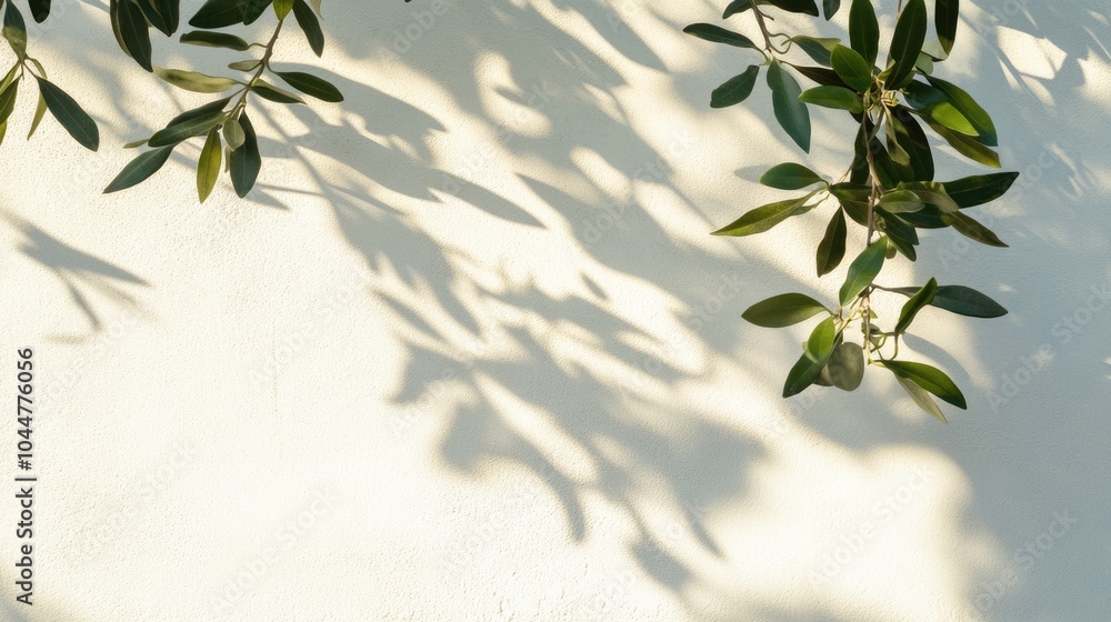 Poster shadows of olive tree leaves and branches cast on a white wall creating a sunny background with ampl