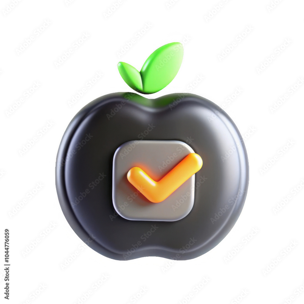 Aufkleber a 3d render of an apple-shaped icon with a green leaf and an orange check mark on a gray background,