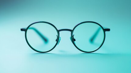 Fototapeta premium A pair of round, black-framed eyeglasses with clear lenses sits on a turquoise surface.