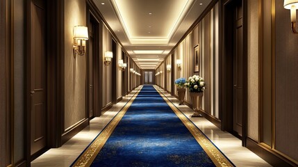 Fototapeta premium Hotel hallway with blue carpet and gold lighting . 