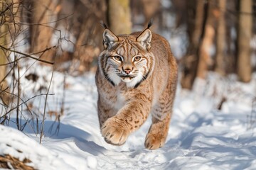 Fototapeta premium Majestic Lynx Striding Gracefully Through a Winter Wonderland, Showcasing Nature's Beauty and Wild Spirit in Glorious Detail