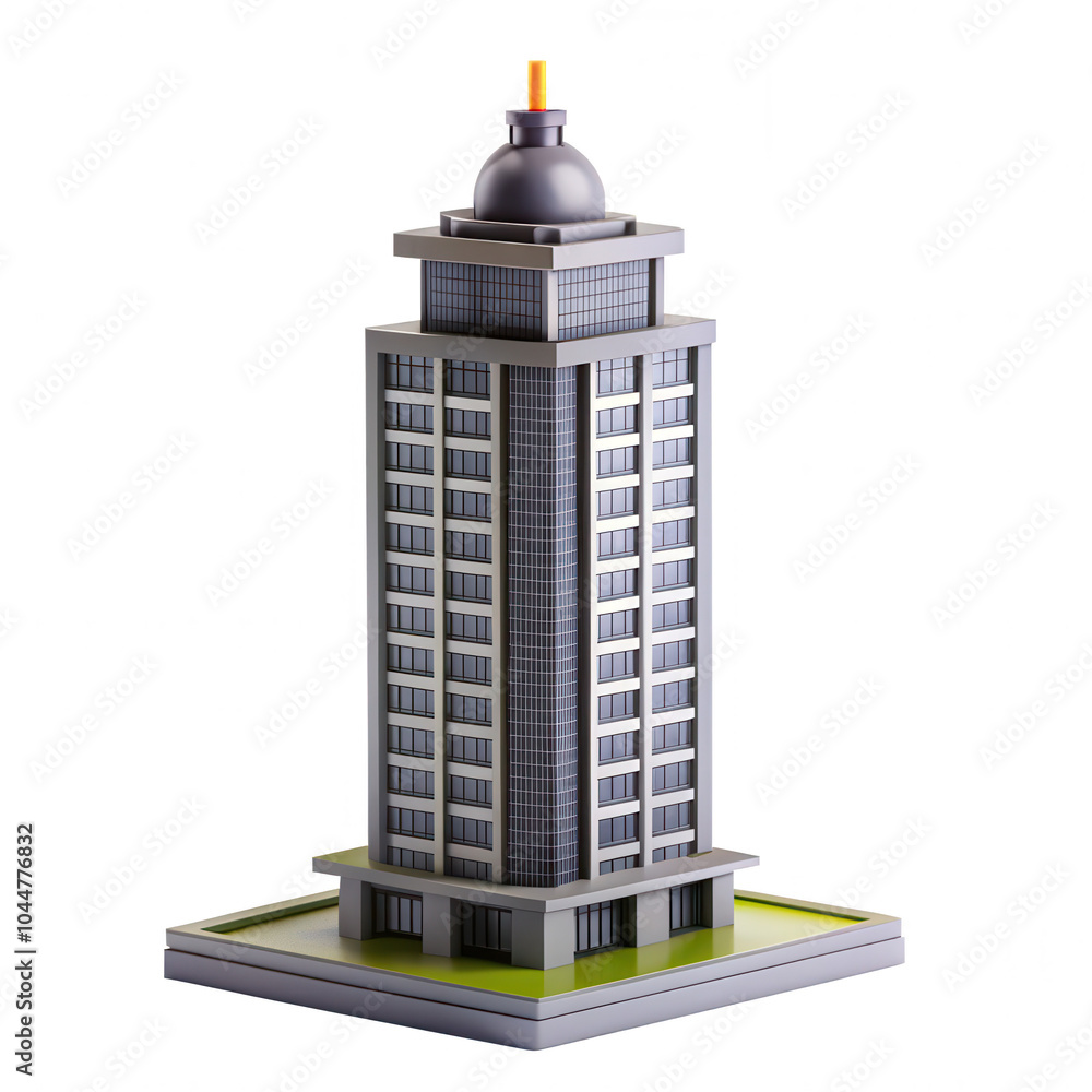 Poster a detailed 3d render of a tall building with a unique design, featuring multiple floors and a striki