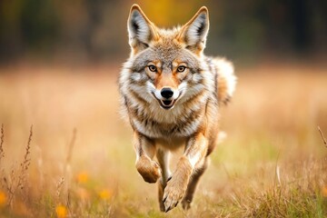 Obraz premium A Majestic Coyote in Full Motion, Captured Beautifully Amidst a Golden Meadow, Exuding Grace and Wildness in the Natural Environment