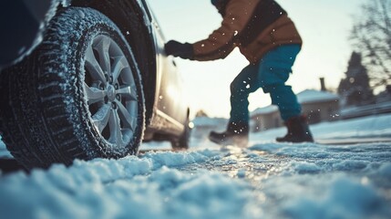 Person clearing snow off car tires highlighting the challenges of driving in winter weather on icy roads