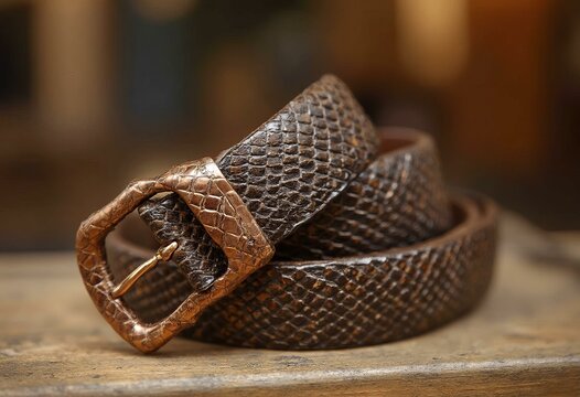Textured Python Pattern Belt with Rose Gold Buckle