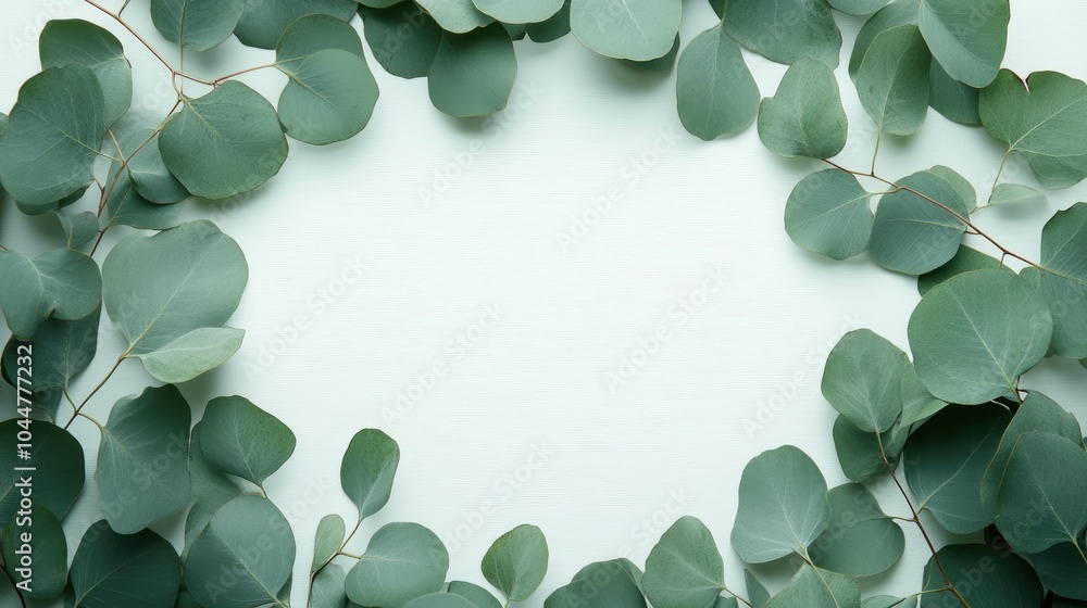 Poster floral oval frame featuring eucalyptus leaves set against a white background wreath composed of euca