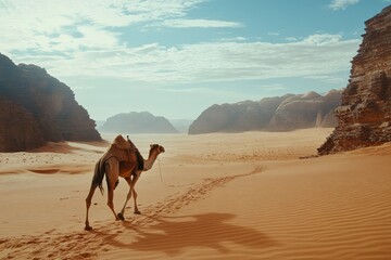 A solitary camel traverses the vast golden sands beneath the azure sky, embodying the spirit of exploration in a magnificent desert landscape.