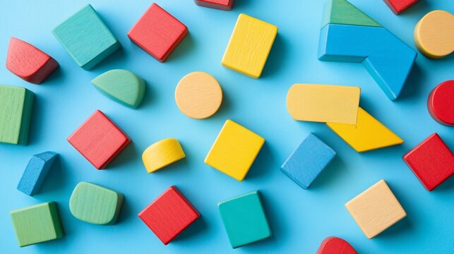 2410 98.A playful arrangement of colorful wooden blocks for children, featuring bright geometric shapes scattered on a clean background. The vibrant hues and simple shapes create an inviting scene