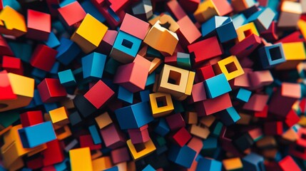 2410 68.A close-up of a scattered pile of multi-colored building blocks in a wide range of shapes and sizes. The vibrant hues and interlocking pieces create a sense of creative energy and playful