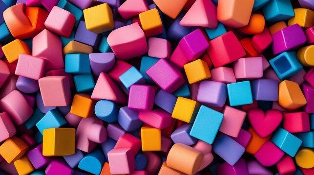 2410 68.A close-up of a scattered pile of multi-colored building blocks in a wide range of shapes and sizes. The vibrant hues and interlocking pieces create a sense of creative energy and playful