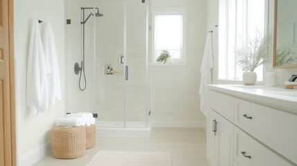 Fototapeta premium A modern bathroom featuring glass shower, white towels, and minimalist design. serene atmosphere is enhanced by natural light and neutral colors, creating relaxing space
