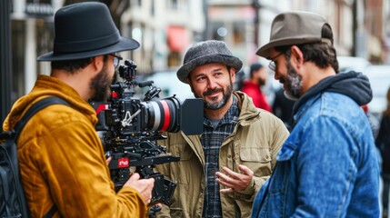 Fototapeta premium Collaboration in Action: A producer collaborating with a director and cinematographer on a film set