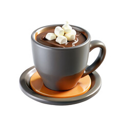 A 3D render of a cozy hot chocolate in a gray mug topped with marshmallows, set on an orange saucer, emphasizing warmth and comfort.