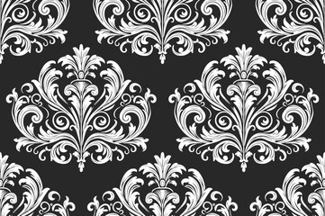 Vintage white floral ornament design creating a repetitive seamless pattern on black. Seamless damask pattern.