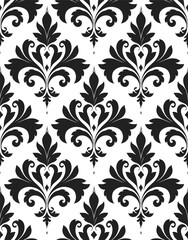 Antique floral design with repeated damask pattern, black on white background. Seamless damask pattern.