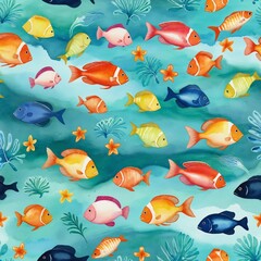 Fototapeta premium Oceanic Delights: Fishes Under Watre - Watercolor Illustration