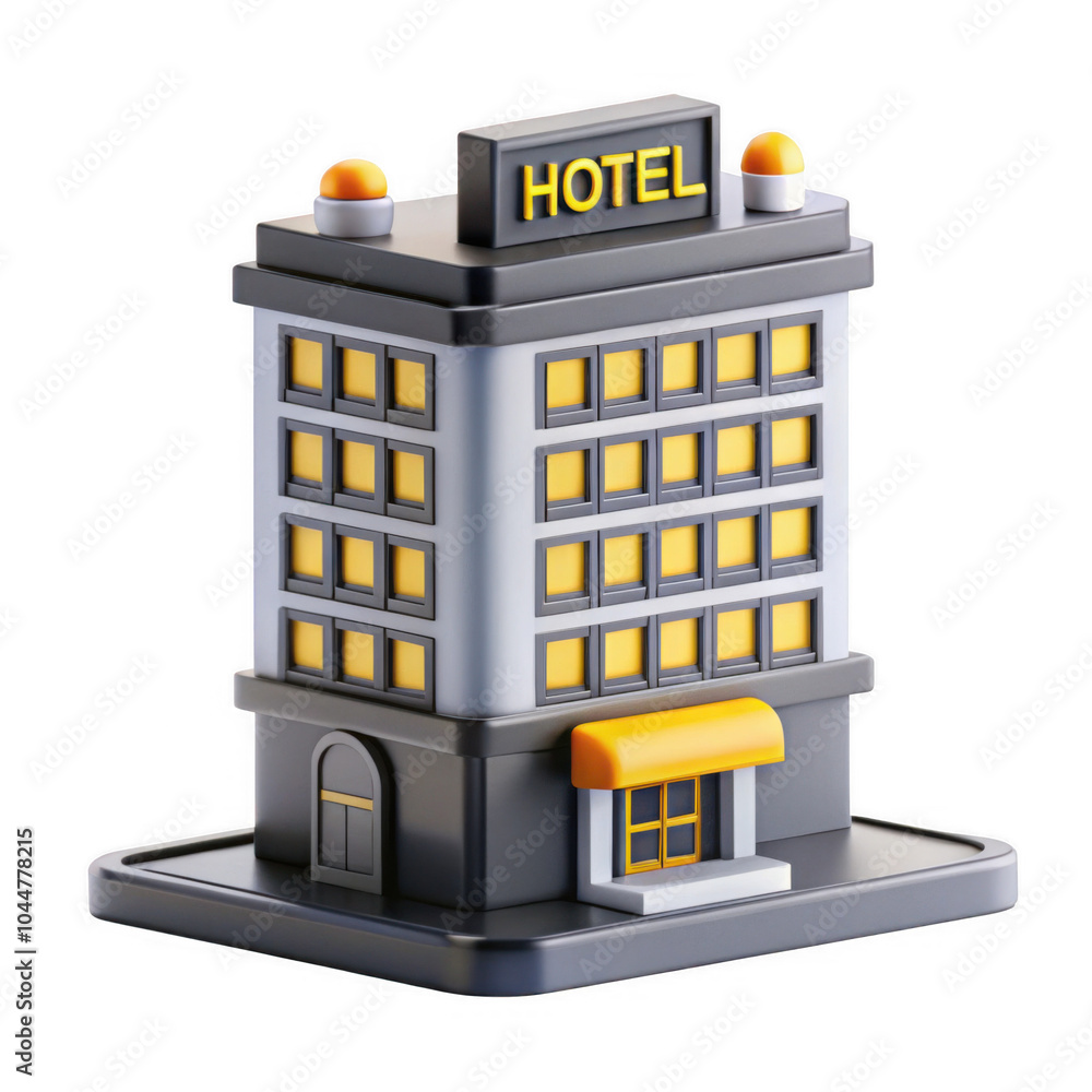 Poster a 3d render of a hotel building model featuring a modern design with yellow accents. it looks inviti