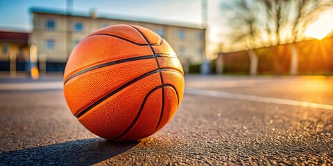 Used orange basketball on an asphalt basketball court Low Angle