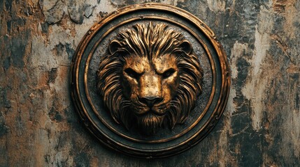 Vintage style round emblem featuring a lion head design with weathered metal accents ideal for logo or amulet purposes