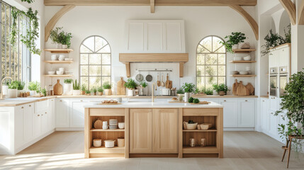 A bright and airy kitchen featuring central island, wooden accents, and abundant greenery. space is designed with large windows, open shelving, and warm, inviting atmosphere