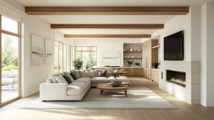A modern living room featuring spacious layout with comfortable sectional sofa, wooden beams, and cozy fireplace. bright space is enhanced by natural light and stylish decor