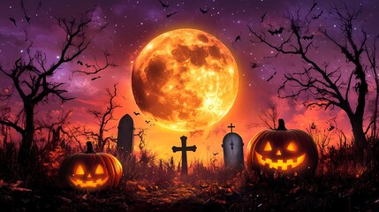 Fototapeta premium Spooky Halloween scene with jack-o'-lanterns, gravestones, and a full moon.