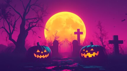 Fototapeta premium Spooky Halloween scene with carved pumpkins, tombstones, and a full moon.