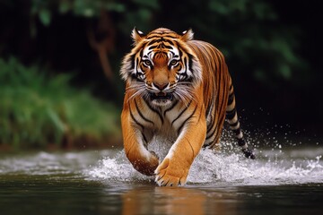 Fototapeta premium A fierce tiger charging through splashing water, embodying strength and grace amidst vibrant, lush greenery of its natural habitat.