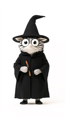 This whimsical image features a cute feline character dressed as a wizard complete with a black cloak and hat perfect for enchanting stories