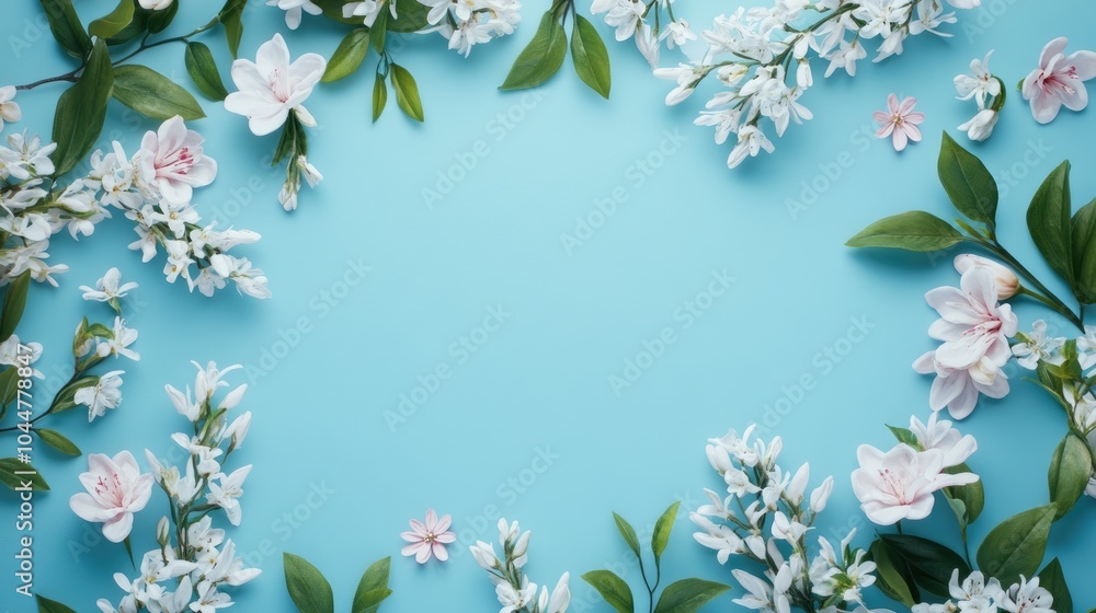 Poster spring floral frame on blue backdrop with space for text arranged in a flat lay style