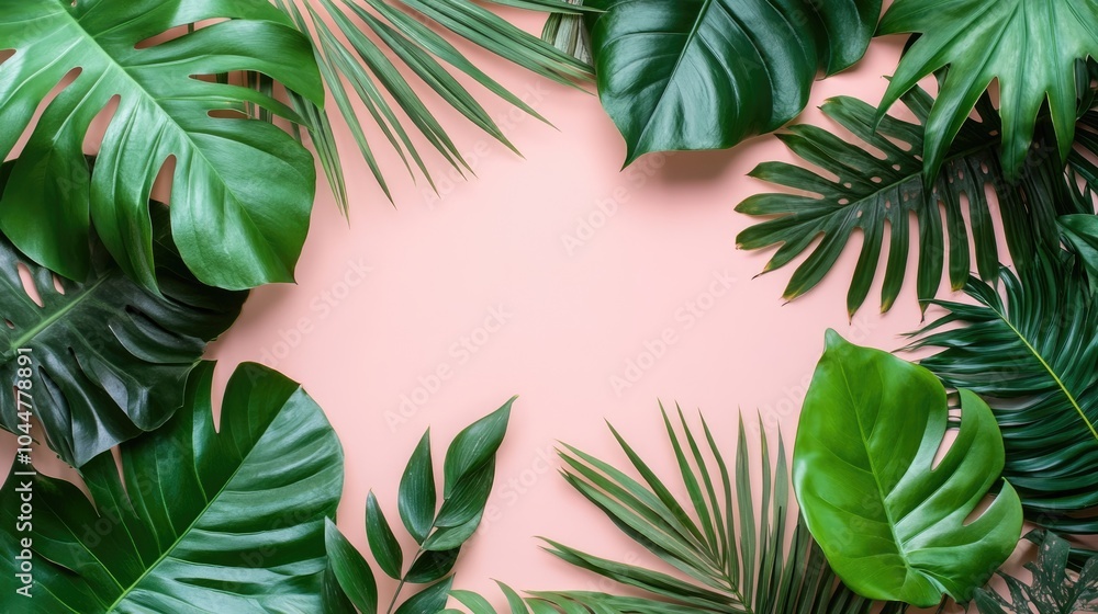Poster trendy mint colored close up of assorted fresh tropical leaves against a soft pink backdrop design t