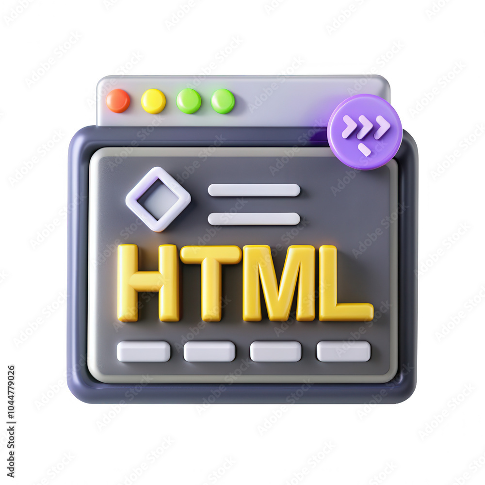 Poster A colorful 3D render of an HTML icon featuring a browser window design with vibrant buttons and the text 'HTML'.