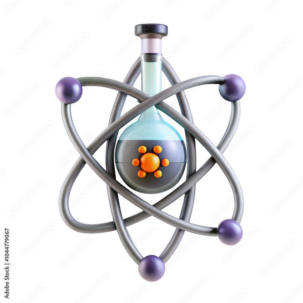 Aufkleber this image depicts a 3d atomic model featuring a blue flask with electrons orbiting around a nucleus