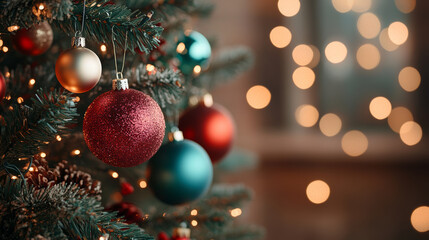 Obraz premium A beautifully decorated Christmas tree adorned with colorful ornaments, including red, blue, and gold, creates festive atmosphere. soft bokeh lights in background enhance joyful spirit of holiday seas