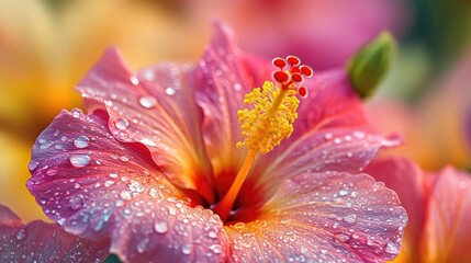 Vibrant hibiscus flowers with rain droplets macro close up showcasing colorful blooms and the beauty of nature