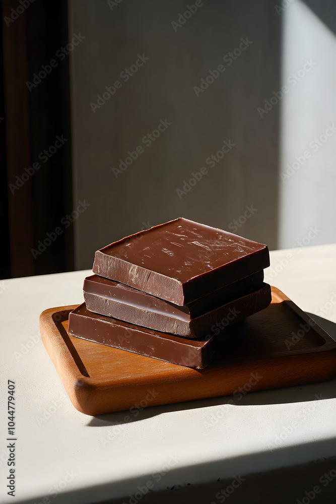 Poster handcrafted chocolate bars neatly stacked on a wooden tray with soft natural light creating a warm a