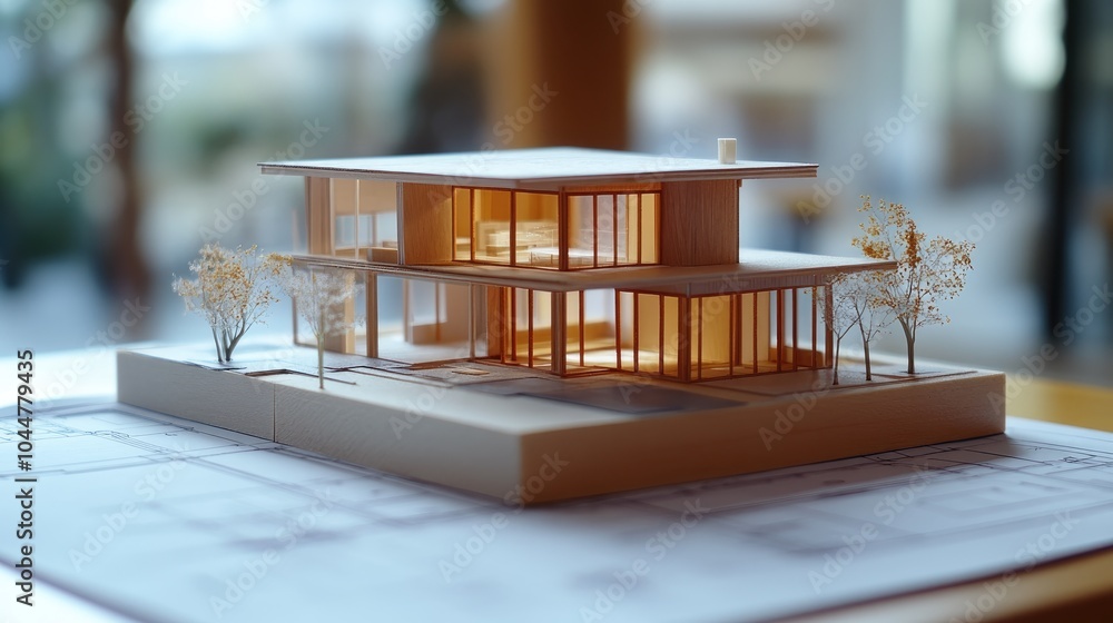 Poster a detailed architectural model of a house is placed on blueprint plans representing the concepts of 