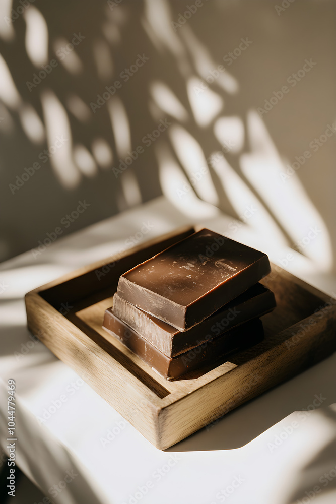 Aufkleber handcrafted chocolate bars neatly stacked on a wooden tray with soft shadows creating a warm and inv