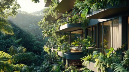 An apartment building facade with balconies filled entirely with lush greenery and exotic plants, creating an immersive jungle-like atmosphere within the urban setting