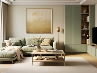 Fototapeta premium Living room interior in modern and classic styles with wooden panneling and bronze decor. Neutral and light colors interior with wooden wall panels. 