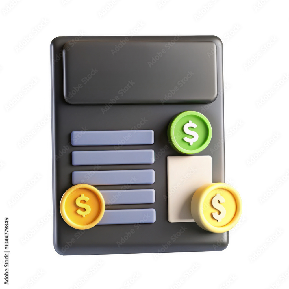 Poster a 3d rendered calculator icon designed with vibrant colors and symbols for currency, representing fi