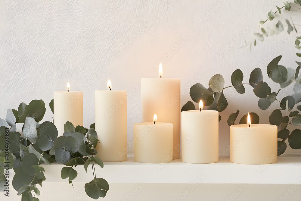 Poster a minimalist shelf displays elegantly arranged candles with soft flames and lush eucalyptus leaves, 