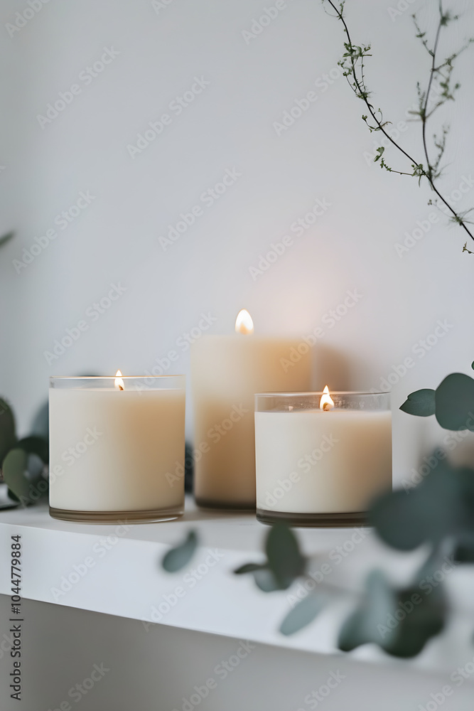 Aufkleber minimalist shelf features neatly arranged homemade candles surrounded by greenery creating a serene 