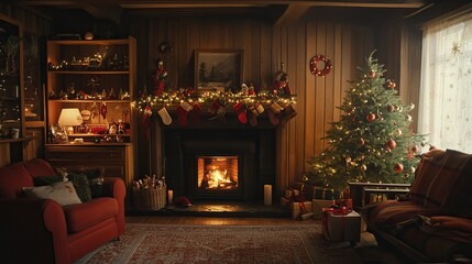 A Warm and Cozy Living Room Decorated for the Holidays With a Glowing Fireplace and Christmas Tree .