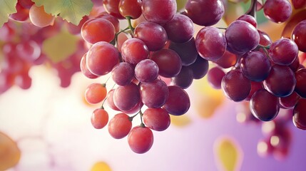 Red Grapes on the Vine: A close-up shot of ripe, red grapes hanging from a vine, bathed in soft, warm light. The image evokes freshness and the bounty of nature.