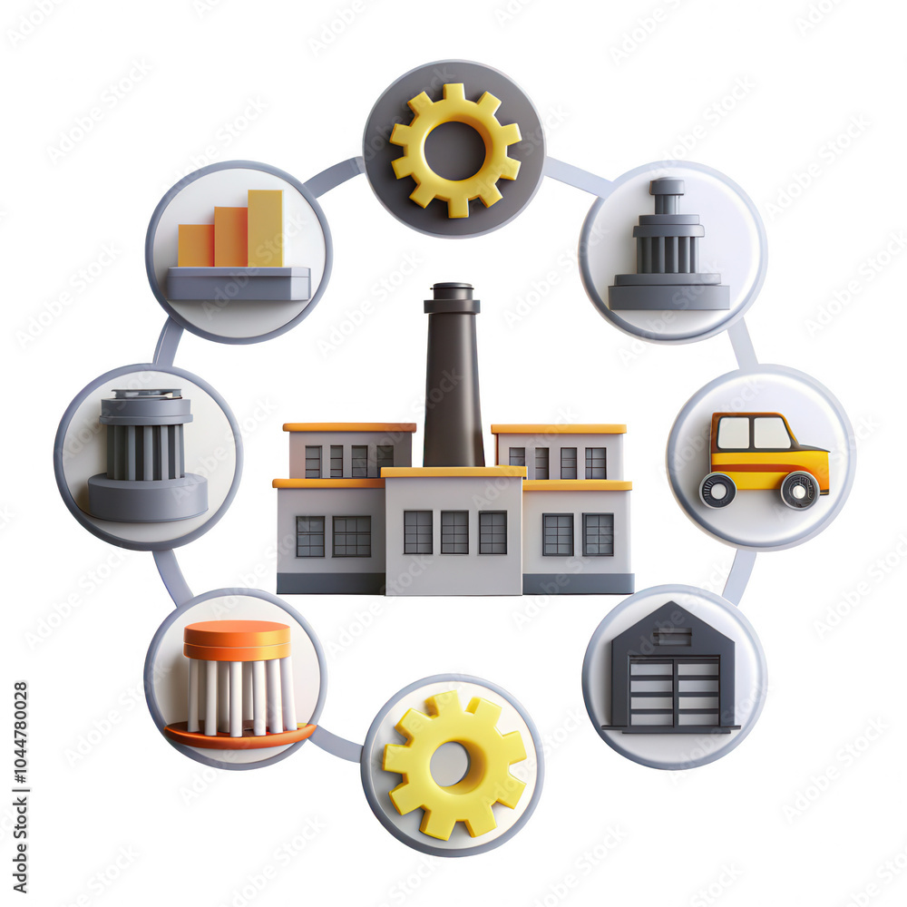 Poster a 3d render of an industrial factory surrounded by various icons representing its functions, depicti